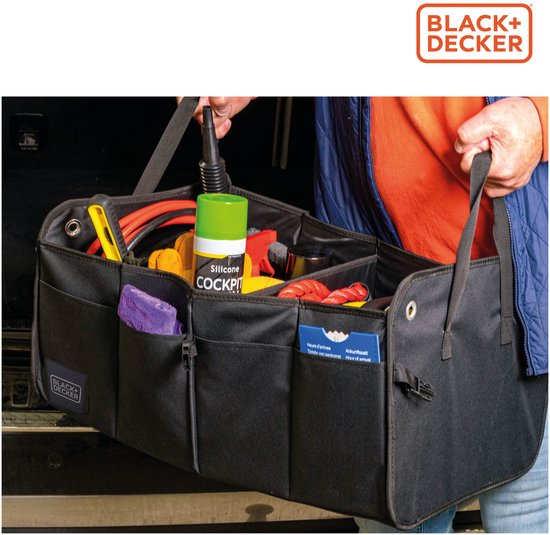 BLACK+DECKER Kofferraum-Aufbewahrungsbox – 59 x 36 x 30 cm – 2 Fächer – Zusätzliche Seitentaschen – Mit Griffen – Schwarz