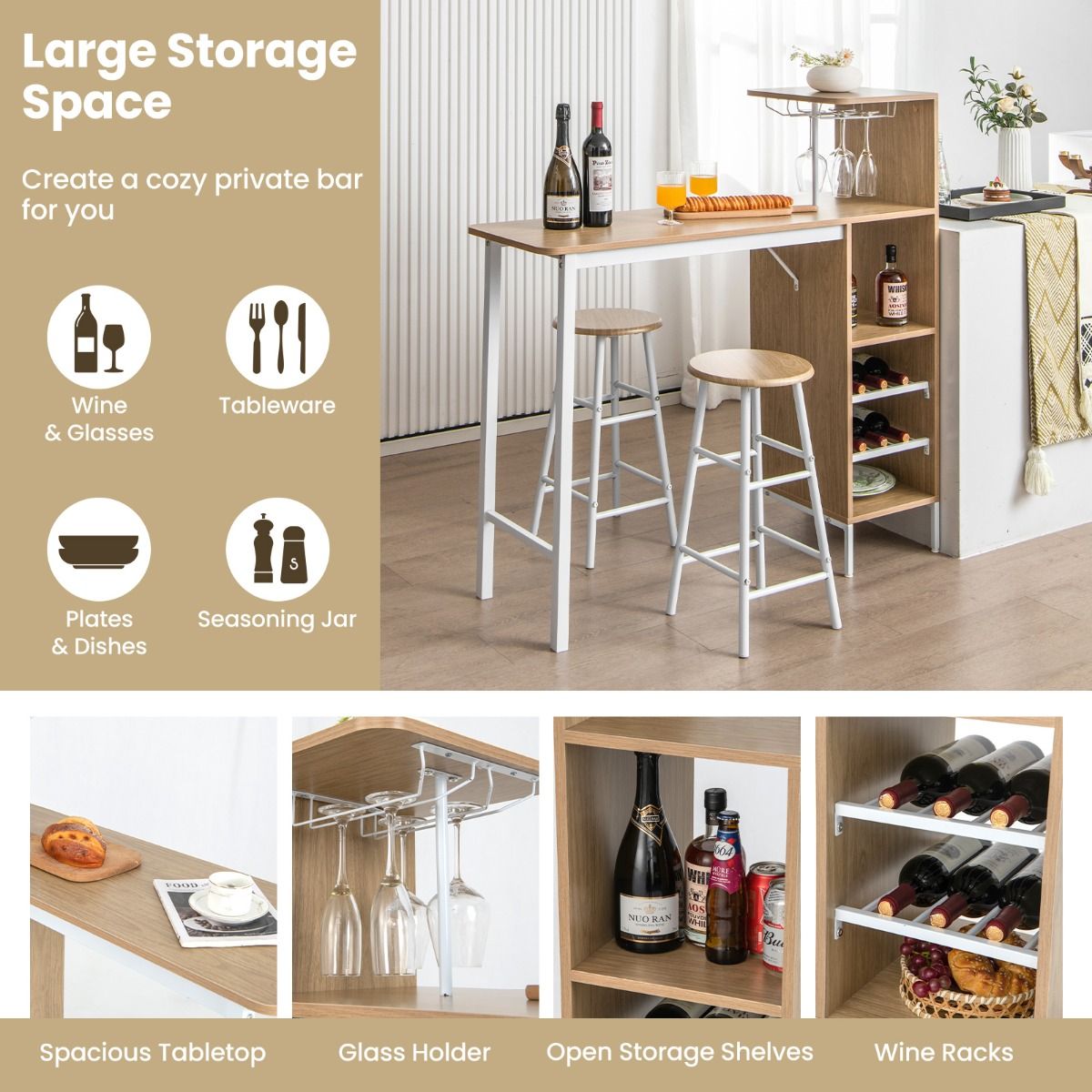 Coast Bartisch mit 2 Hockern – Weinregal für 6 Flaschen – Bistrotisch für Wohnzimmer und Küche – 120 x 40 x 121,5 cm – Naturfarben