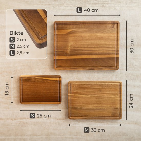 Deleca 3-teiliges Schneidebrett-Set Sevilla mit Halter - Schneidebretter (40x30 | 33x24 | 26x18 cm) - Für die Küche, Servierbrett, Käsebrett, Trinkbrett, Schneidebrett und Tapasbrett - FSC-Akazienholz