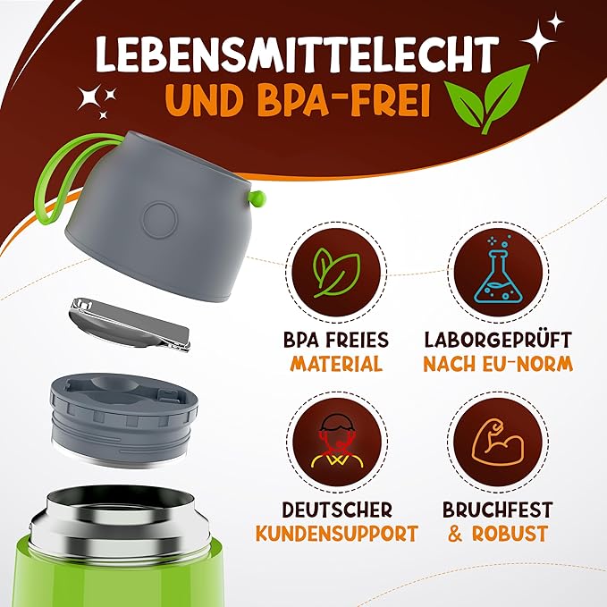 Funkelfuchs® Thermobecher für Kinderkost - 500ml, grüner Abzug - 100% auslaufsicher - Essenswärmer aus Edelstahl - Thermobecher Essen - Thermo-Lunchbox Kinder - Babykostwärmer