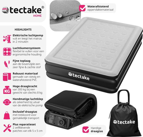 tectake - AirDreams aufblasbare Matratze mit elektrischer Pumpe - Inklusive Tragetasche mit Kordelzugverschluss - Wasserfest - Schlafzimmer - Camping - Gästebett - Abmessungen (LxBxH) 200 x 148 x 44 cm