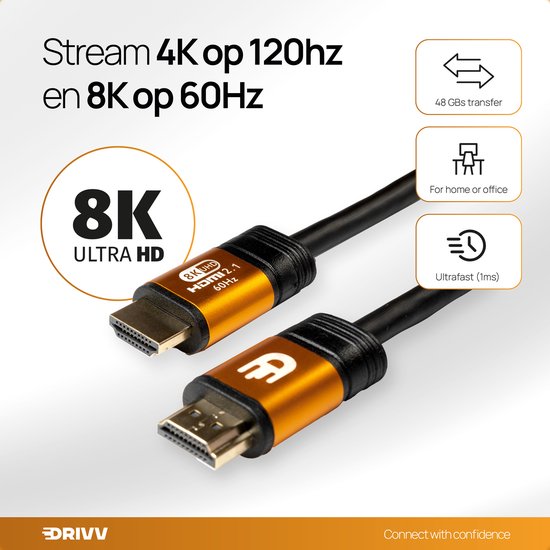 Drivv. Premium HDMI Kabel 2.1 - Ultra HD High Speed 8K - HDMI auf HDMI - Geeignet für Xbox Serie X & PS5 - 3 Meter - Orange