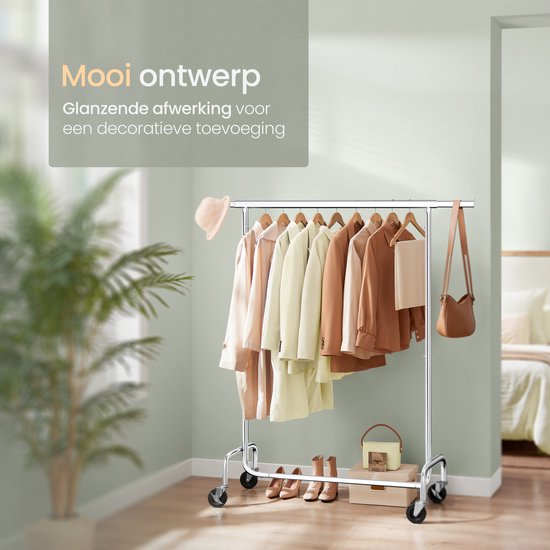 O'DADDYÂ® Kleiderständer auf Rädern - Kleiderständer - Verstellbare Kleiderstange - Ausziehbare Kleiderstange - Verstellbare Hängestange - Stabil bis zu 130 kg - Silber