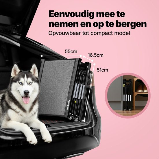 Jake und Jacky Hundetreppe für das Auto – Zusammenklappbare Hundetreppe – Rutschfeste Treppe für große Hunde – Zusammenklappbar – Reflektierend – 180 x 55 cm – Gewicht bis zu 70 kg