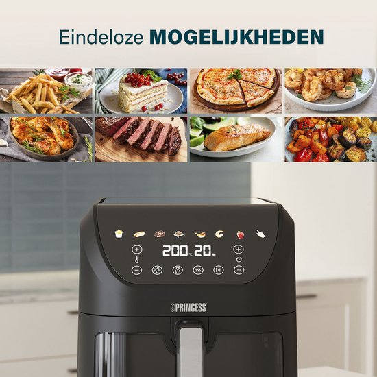 Princess 182257 SlimFry Heißluftfritteuse – 8 l Fassungsvermögen – Transparentes Sichtfenster – Digitaler Touchscreen – 8 voreingestellte Programme – Kompaktes Design – 2000 W