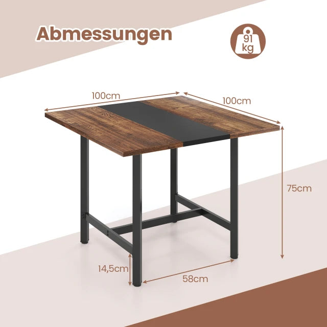 Coast-Konferenztisch Rustikal Braun/Schwarz – Quadratischer Konferenztisch mit Metallgestell – 100 x 100 x 75 cm