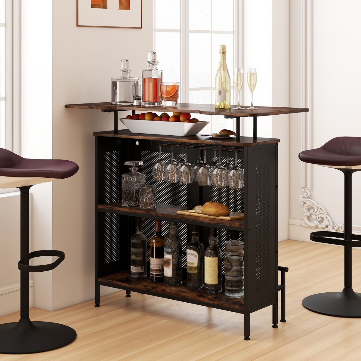 Coast Bartisch mit Stauraum – Metallgestell – höhenverstellbare Beine – braun und schwarz