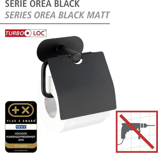 WENKO Turbo-Loc® Toilettenpapierhalter mit Klappe Orea Edelstahl schwarz matt – Toilettenpapierhalter – WC-Rollenhalter – Befestigung ohne Bohren – Selbstklebend – 10 Jahre Garantie