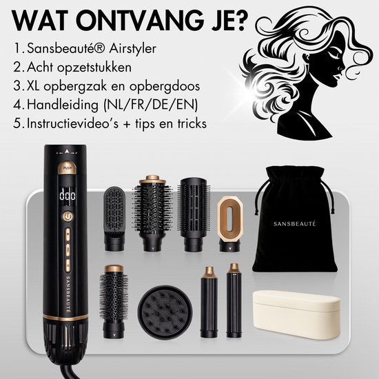 Sansbeauté® 8-in-1-Lockenbürste - Mit Diffusor und Aufbewahrungsbox - Multistyler - Fönbürste für kurzes Haar - Haarstyler - Haartrockner - Wärmebürste - Stylingbürste - Drehkabel