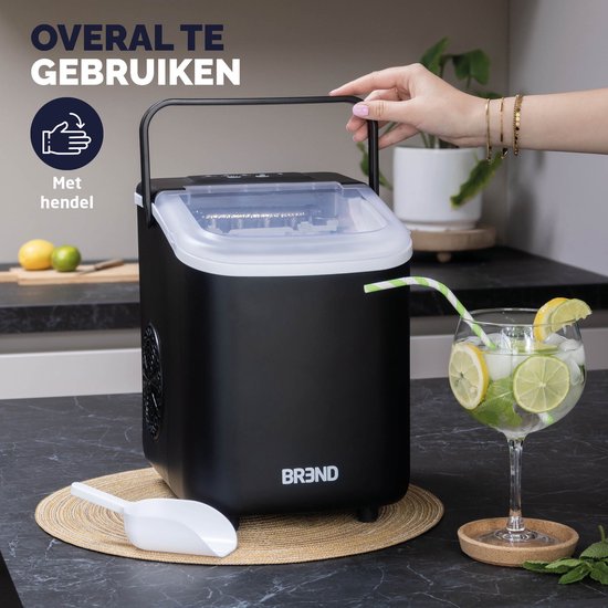 BREND BR-2213 Eiswürfelbereiter - Mit Schaufel und Tropfschale - Große L oder kleine S Eiswürfel - 10 kg in 24 Stunden - Schwarz