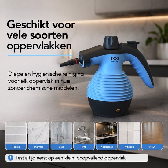 Infinity Goods Dampfreiniger – 12-in-1-Handdampfreiniger – Handdampfreiniger – Fleckenentferner – Teppichreiniger – 10 Aufsätze – 1050 Watt – 3,2 bar – Blau