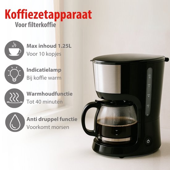 alpina Kaffeemaschine für Filterkaffee, 750 W – Kaffeemaschine mit wiederverwendbarem Kaffeefilter – Kaffeemaschine mit 1,25-Liter-Glaskanne – 10 Tassen Kaffee pro Brühvorgang – Tropfstopp-Kaffeemaschine