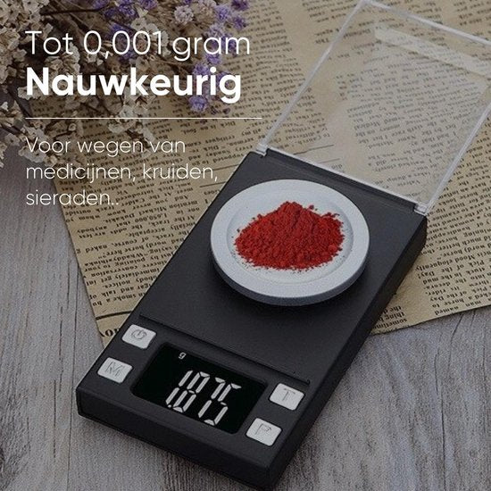 Trendfield Präzisionswaage 0,001 Gramm Inkl. Batterien - Digitale Küchenwaage - Medizin, Kräuter, Schmuck - Schwarz
