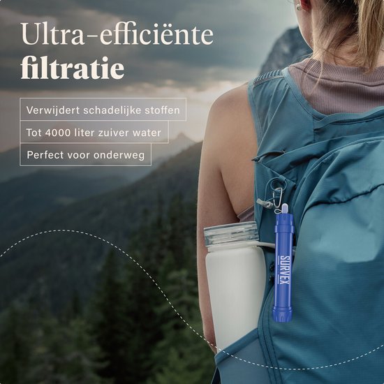 SURVEX Personal Water Filter Straw XL 4000L - Einzigartiger KDF-55 Filter - Wasserfilter Survival & Outdoor - BPA-frei - Notfallset für Zuhause - Komplettset Wasserreiniger - Trinkflasche Wasserreinigung Outdoor - Survival Kit - Blau