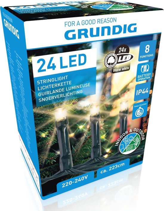 Grundig Weihnachtsbeleuchtung - 24 LED - 8 Stufen - mit Zeitschaltuhr - 223 cm - Warmweiß