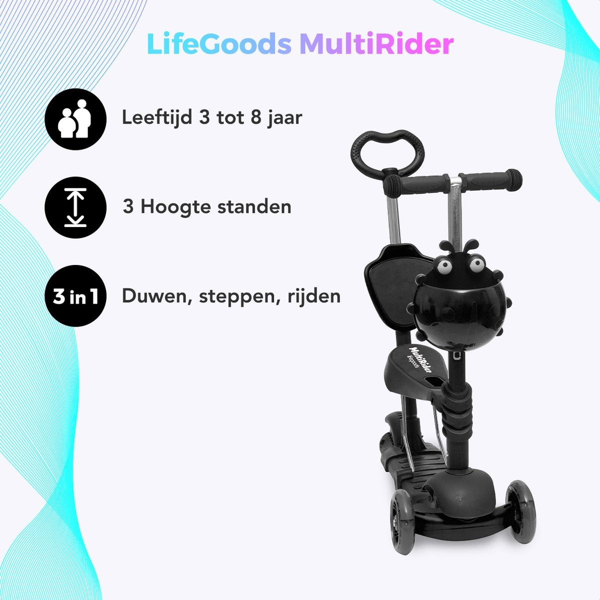 LifeGoods MultiRider - Kinder-Roller mit Schiebestange - 3 -8 Jahre - Jungen/Mädchen - 3 leuchtende Räder - Schwarz