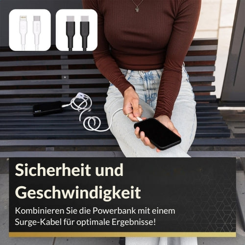 Surge Powerbank - 20.000mAh - 22,5W Schnellladegerät - 2x USB-C & 1x USB-A - 14,5 x 6,8 x 2,9 cm - Schwarz
