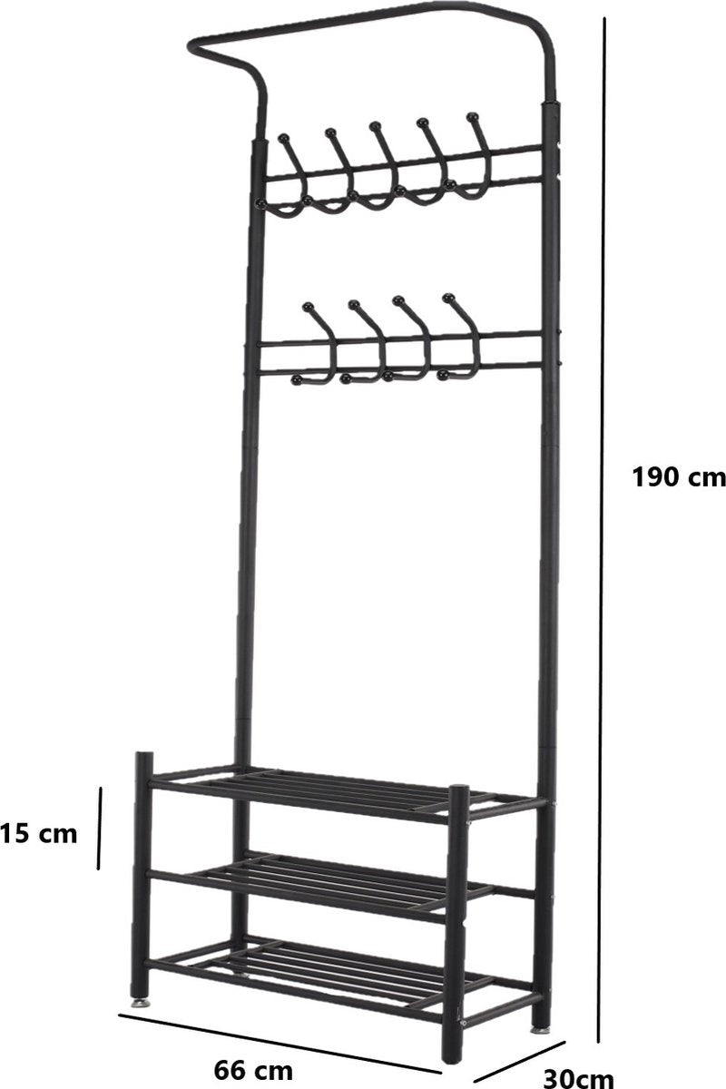 O'DADDYÂ¬Ã† Garderobenständer stehend - Garderobe mit Schuhablage - 18 Haken 2 Lagen Schuhablage 6 Paar - Garderobenständer Metall - 66 x 30 x 190 cm - schwarz