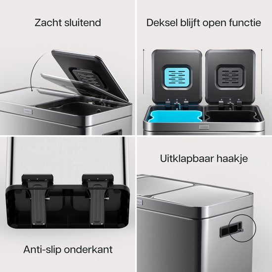Deleca Recycling-Mülleimer mit 2 Fächern - 60 Liter (2x30) Abfallbehälter - Mülltrennung / Pfandbehälter / Tret-Abfallsammler - Mülleimer mit FreshAura Geruchskontrolle - Slow Close - Edelstahl Silber