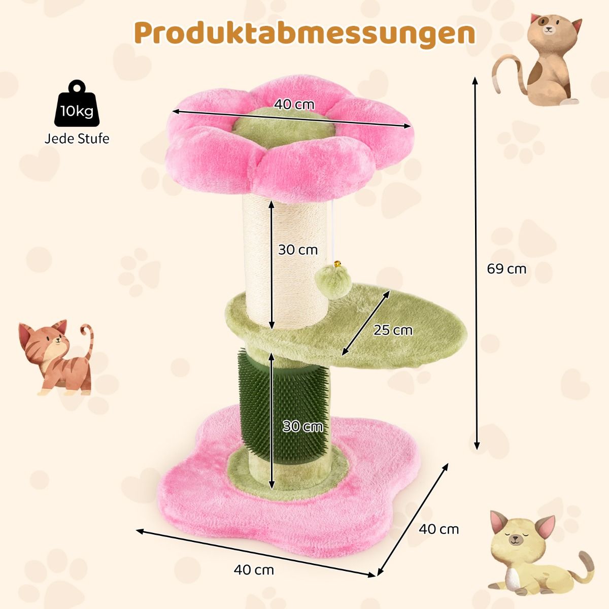 Coast Kratzbaum für Katzen – 3 Etagen – mit Plüsch-Liegefläche und Blumenplattformen – rosa – 69 cm