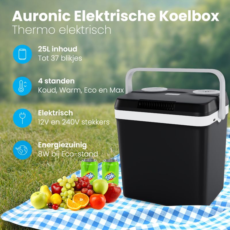 Auronic Elektrische Kühlbox 25 Liter – Kühlen und Heizen bis 65 °C – 12 V und 240 V – 44 x 32 x 44,7 cm – Schwarz