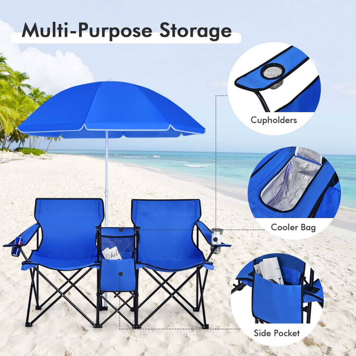 Coast Doppel Campingstuhl - Mit Sonnenschirm - Faltbar - Mit Getränkehalter und Kühltasche - Blau