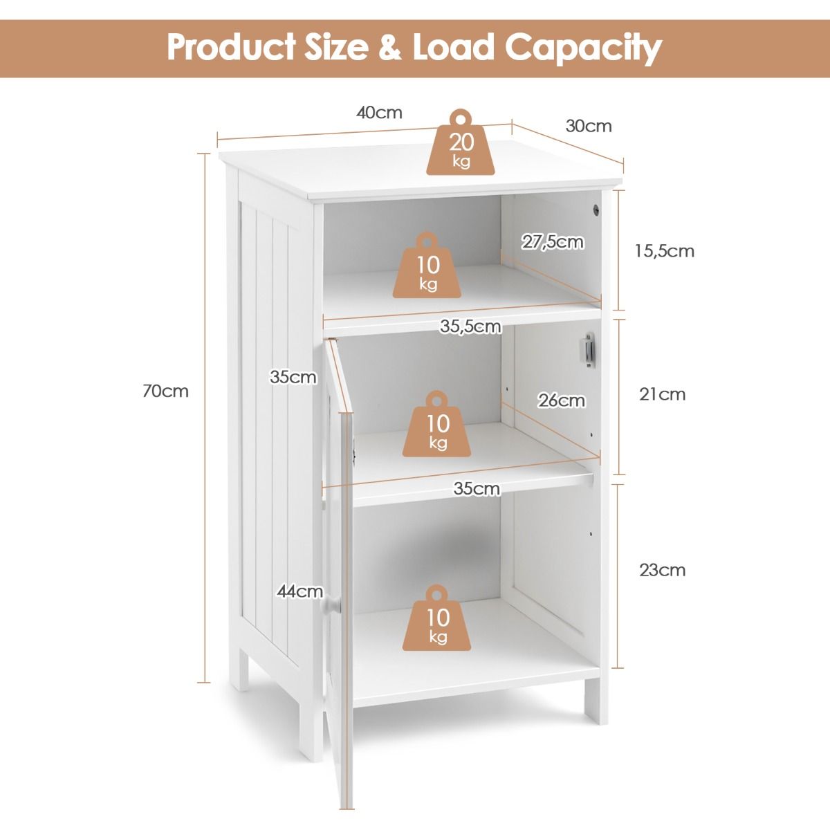 Coast Badezimmerschrank mit Tür - 3 Etagen - 40 x 30 x 70 cm - Weiß