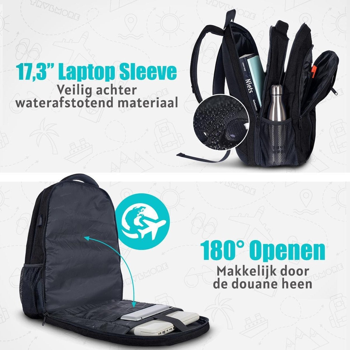 TRVLMORE Rucksack - 36L - 17.3 Zoll - Laptop-Rucksack - Schultasche - Unisex - Spritzwassergeschützt Schwarz