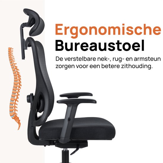 Novitaa Bürostuhl - Ergonomischer Bürostuhl - Bürostuhl - Erwachsene - Verstellbar - Kopfstütze - Schwarz
