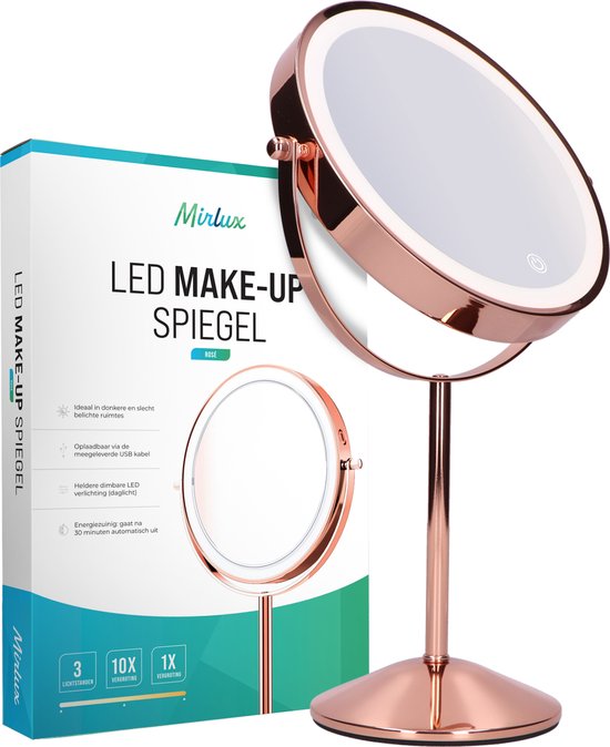 Mirlux Make-up-Spiegel mit LED-Beleuchtung - 10-fache Vergrößerung - Rasierspiegel Small On Foot - 3 Lichtstufen - wiederaufladbar - Vergrößerungsspiegel Pink Gold