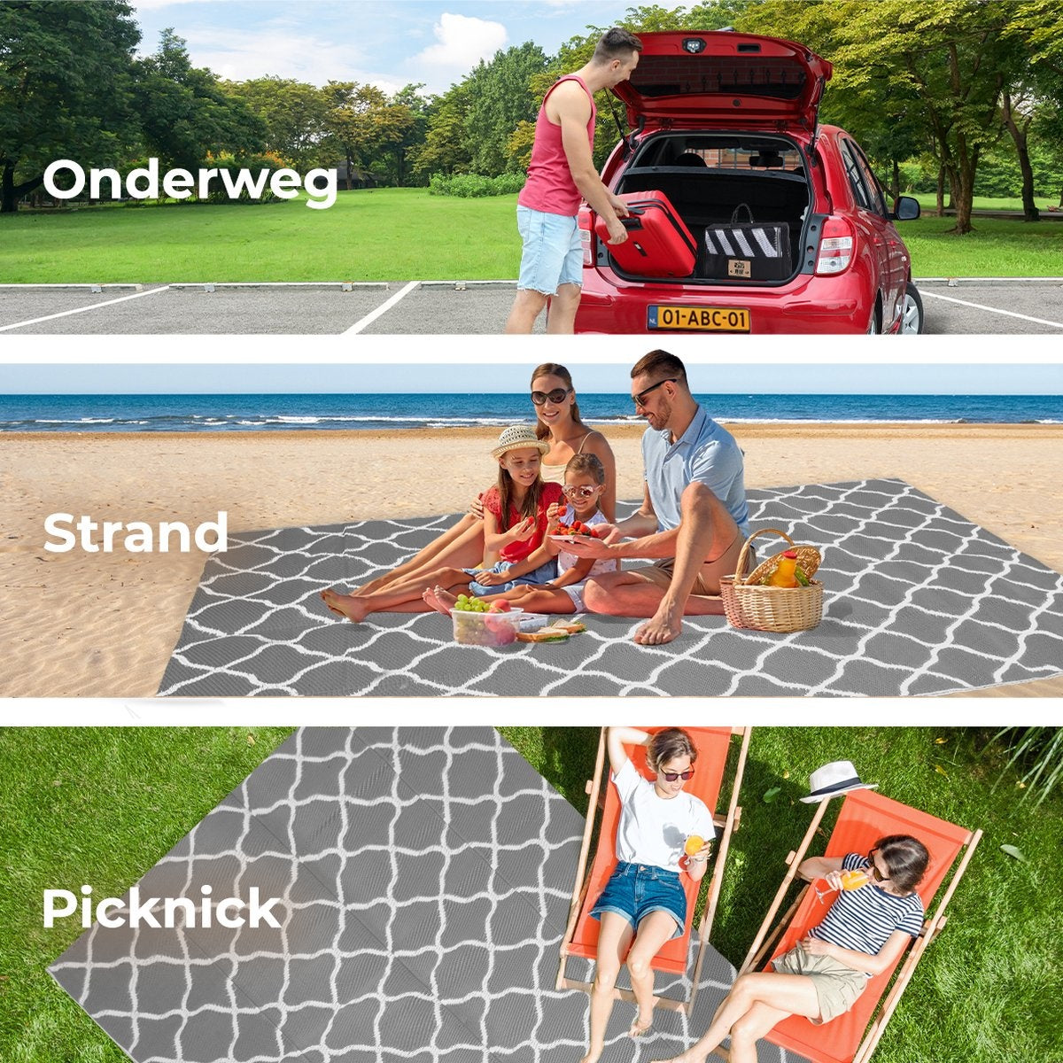 LifeGoods Teppich für den Außenbereich - 183x290CM - Gartenteppich - Teppich für den Außenbereich - Reversibel - Inkl. Tragetasche - Mit Muster - Grau/Weiß