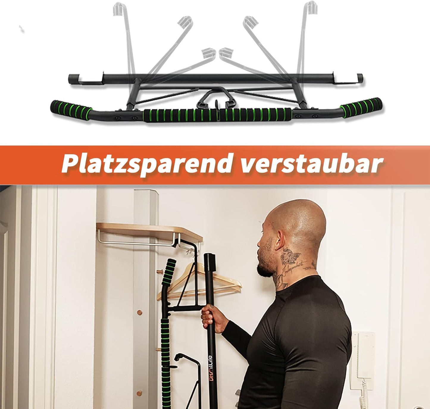 DH FitLife Klimmzugstange für die Tür – Schraubenlose Klimmzugstange mit Slingtrainer – Schwarz/Grün – 70–92 cm