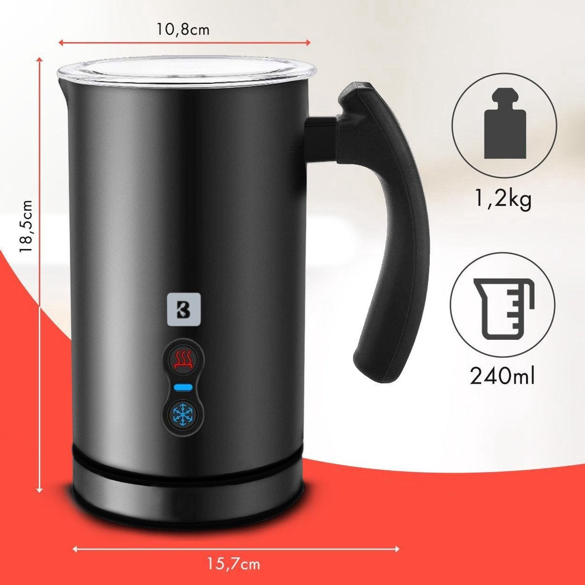 KitchenBrothers Elektrischer Milchaufschäumer - 240 ML - Schwarz