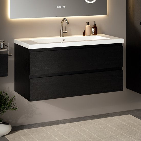 Mirlux Badezimmerschrank Schwarze Eiche 80 cm – Waschbecken Weiß – Badezimmerschrank-Set – Waschbeckenunterschrank Schwarze Eiche