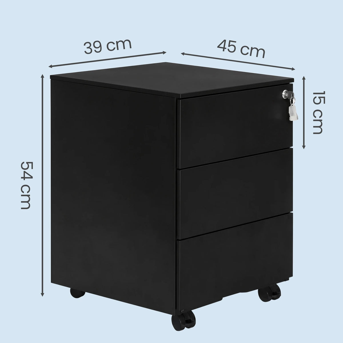 Ochama Matte Black abschließbarer mobiler Aktenschrank – 3 Schubladen, vormontiert, zur Aufbewahrung von Dokumenten und Büromaterial, 39 x 45,1 x 53,8 cm – Kompakte Aufbewahrungslösung für das Büro oder das Homeoffice