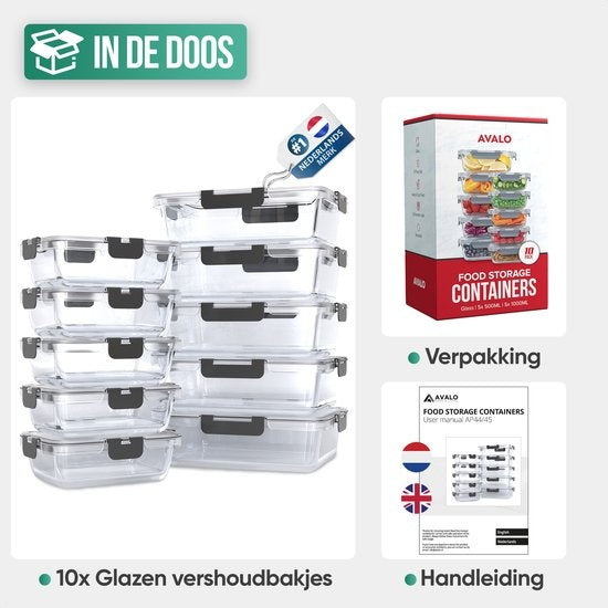 Avalo Food Storage Trays Glas - Meal Prep Trays - Freezer Trays - Mit Deckel - 10 Stück 1060ml / 370ml