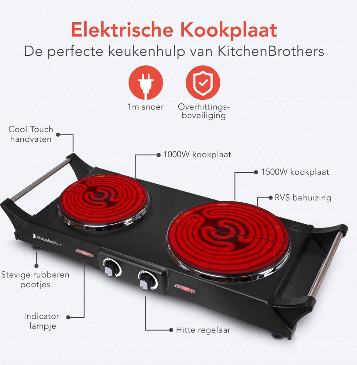KitchenBrothers Elektrokochfeld - 2 Brenner - 2500W - Schwarz