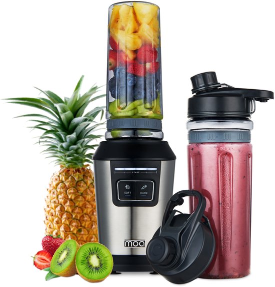 MOA Blender - Blender to Go - Mini-Mixer - 2 600ml Tritan-Behälter - Smoothie-Maker - 800W - Silber - MB10S