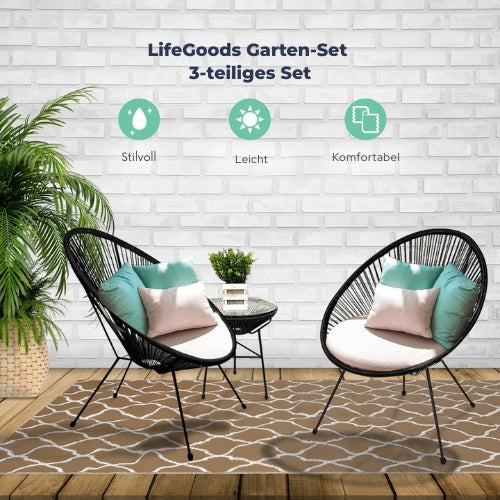 LifeGoods - Acapulco Bistro Set - 3-tlg. - Gartenset mit Beistelltisch - Schwarz