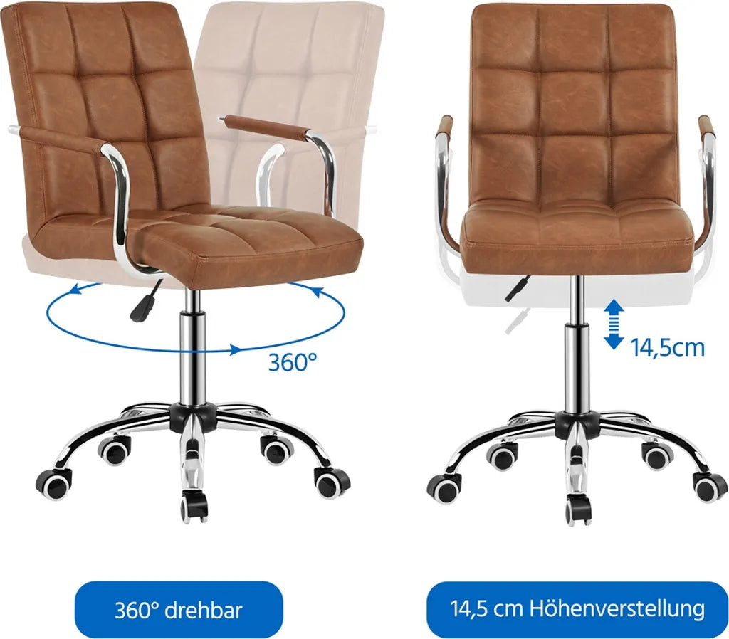 Yaheetech Bürostuhl aus Kunstleder mit Armlehnen – verstellbar und drehbar – Retro-Braun