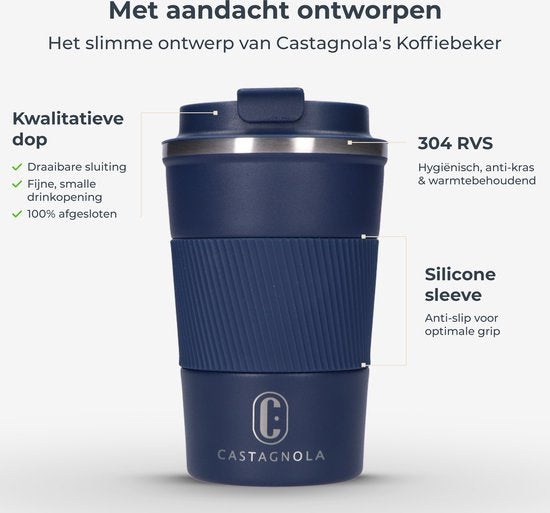 Castagnola Thermos Cup - Kaffeebecher To Go - Reisebecher für Kaffee und Tee - Teebecher - 380 ML - Edelstahl - Blau