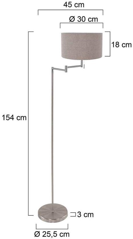 Stehlampe Bella 3879ST in Stahloptik mit grauem Velours-Lampenschirm, ausklappbar, aus Metall und Textil, Höhe 154 cm, Durchmesser des Lampenschirms 30 cm – Mexlite