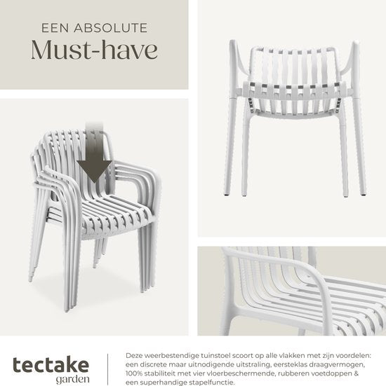 tectake® 4er-Set Gartenstühle Alcudia – Creme – Kunststoffstühle mit Armlehnen – Gartenset für den Gartentisch oder auf dem Campingplatz – stapelbar – Stühle für Garten, Terrasse oder Balkon - Wetter- und UV-beständig - Tragkraft 120 kg pro Gartenstuhl