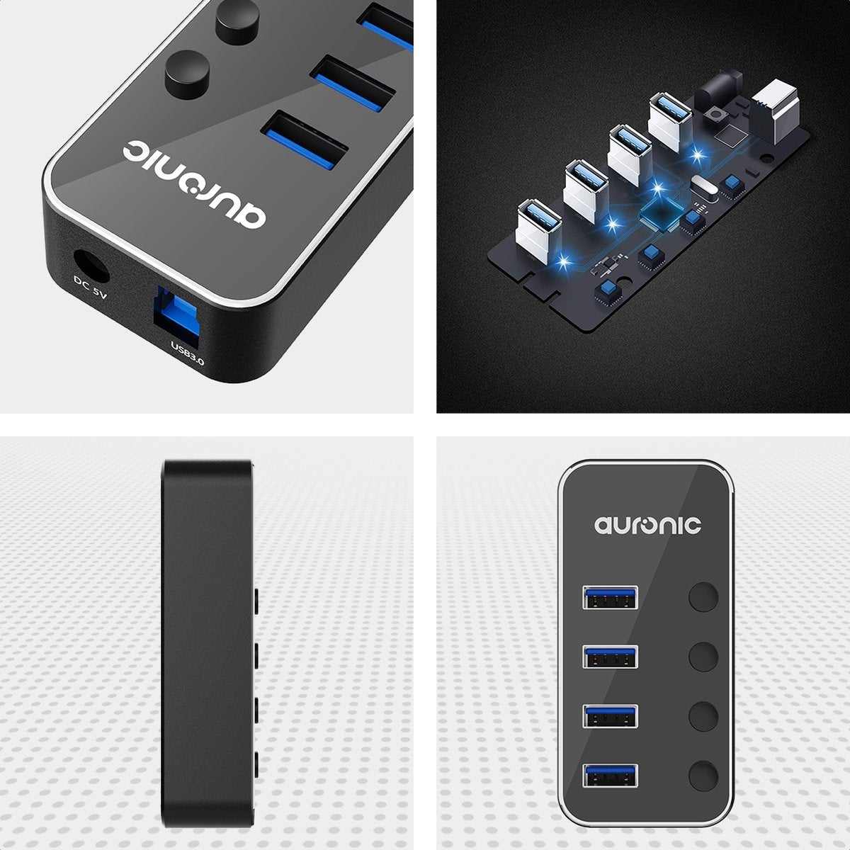 Auronic USB Hub 3.0 - USB Splitter mit 4 Ports - mit Netzteil - 5 GBPs - Led-Anzeige - Schwarz