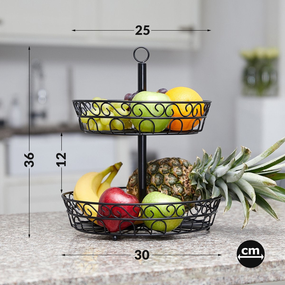 Chefarone Obst Etagere - Obstkorb - Obstschale - Gemüsekorb - Aufbewahrung - 2 Schichten - Metall - Schwarz
