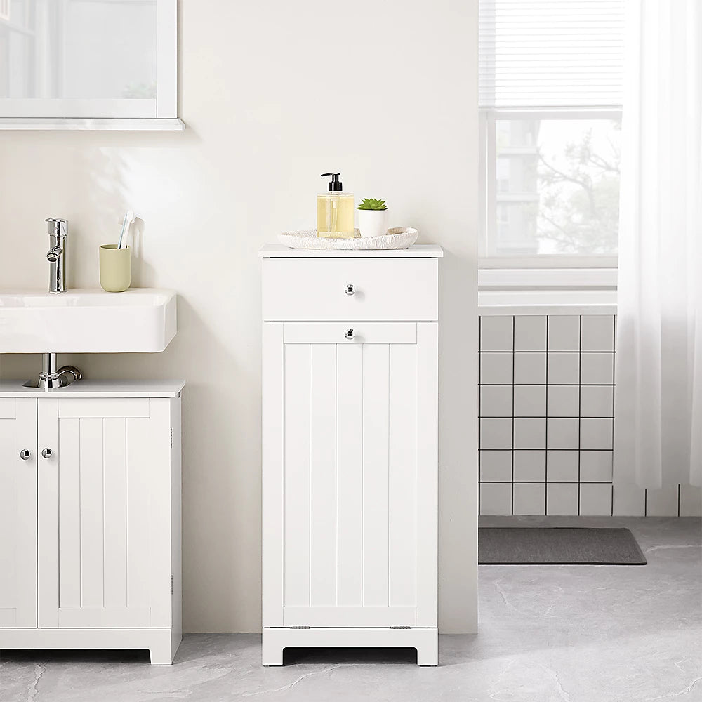 Sobuy Badezimmerschrank mit Wäschekorb – Ausgestattet mit 1 herausnehmbarem Wäschekorb, 1 Tür und 1 Schublade – Für Badezimmer und Waschküche – Weiß lackiertes MDF – 40 x 38 x 90 cm