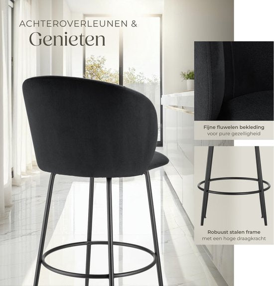 tectake® - 2er Set Barhocker Luana - Gepolsterter Barhocker mit Rückenlehne - Barhocker mit Fußstütze - Esszimmerstuhl mit Samtpolsterung - Stabile Stahlbeine mit rutschfestem Bodenschutz - Schwarz/schwarz