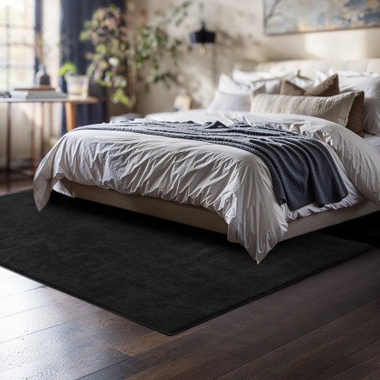 tectake - Kurzflorteppich - 120 x 170 cm - Schwarz - Teppich für Wohnzimmer, Schlafzimmer, Esszimmer - Pflegeleicht und waschbar - Anti-Rutsch-Unterlage - Allergikerfreundlich - Verschiedene Größen und Farben