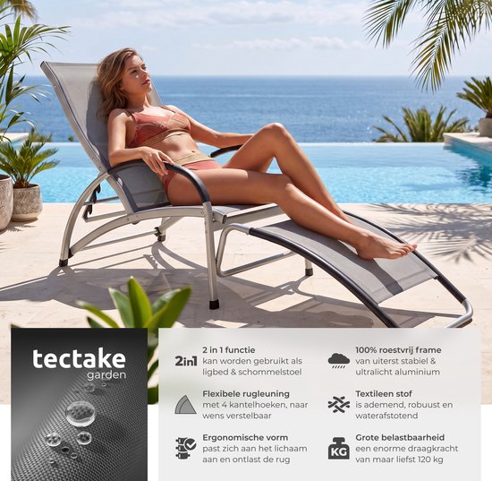 tectake® Liegestuhl Avignon – 2-in-1 verstellbarer Liegestuhl – Schaukelstuhl für den Außenbereich – Wetterfester Rahmen und wasserabweisendes, atmungsaktives Gewebe – Gartenstuhl – Balkonstuhl - 195 cm lang - Anthrazit