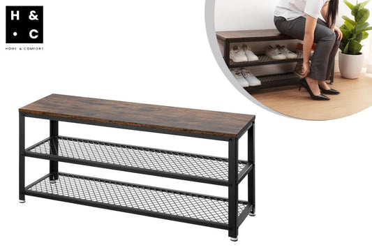 Home & Comfort Schuhregal und Bank 100x30x45 cm - Skandinavisches Design - Holz & Schwarzes Metall